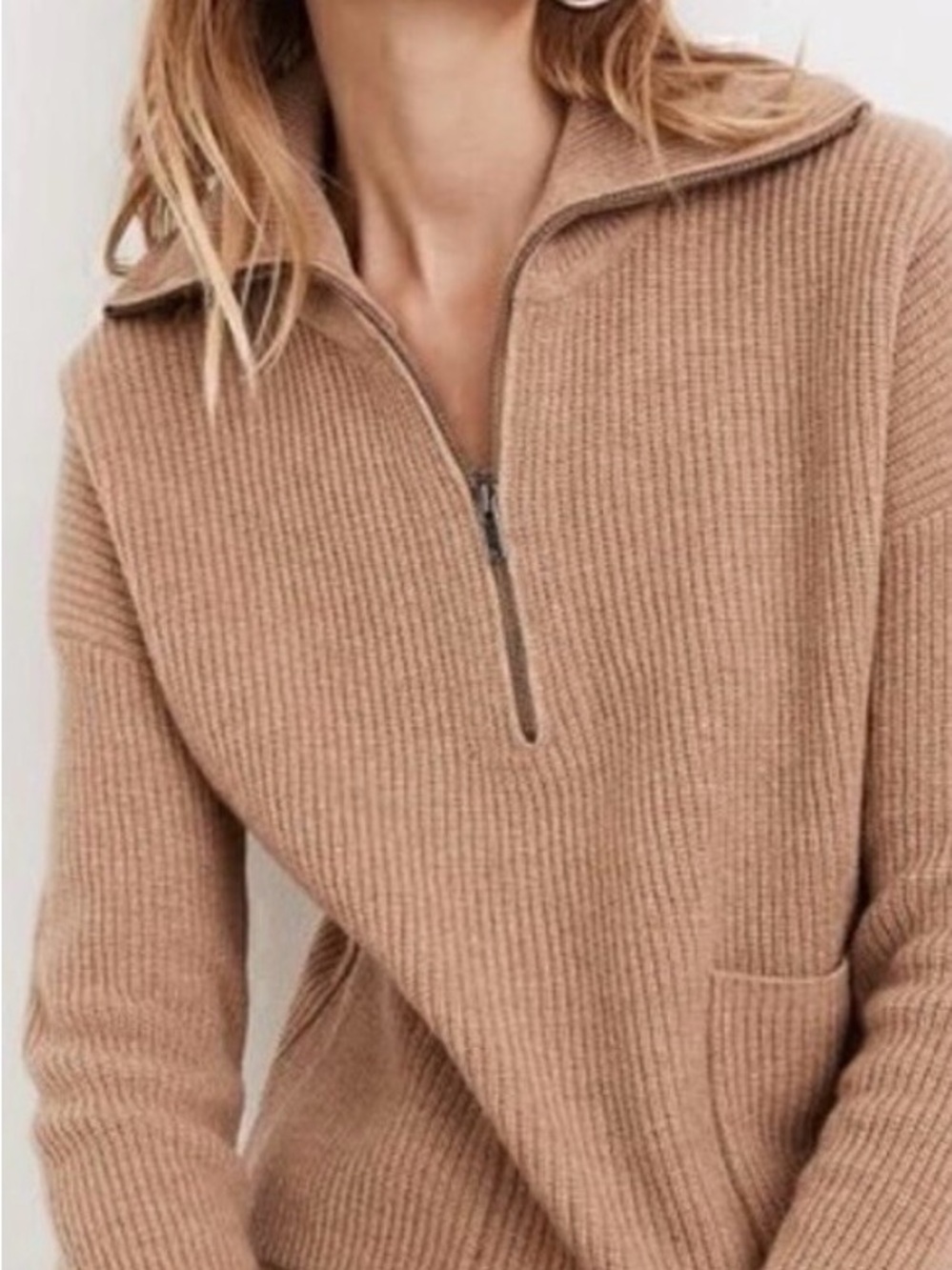 Madewell Glenbrook Half Zip Pullover Sweater Camel Drop Shoulder Boxy Wool Blend